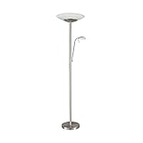 Lindby LED-Stehlampe dimmbar, Standleuchte Glas/Metall Nickel matt, Deckenfluter Wohnzimmer, Esszimmer, Schlafzimmer, LED-Leuchtmittel warmweiß (3.000K), verstellbarer Lesearm