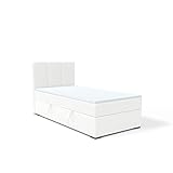 FEDVE Boxspringbett 100x200 Weiß Öko-Leder – Gandia Mini – Praktisches Bett mit Bettkasten Links – Gemütlich Kopfteil Bett mit Matratze – Einzelbett zum Schlafzimmer