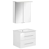 FACKELMANN weisses Badmöbel Set B.Perfekt 2-TLG. mit Waschtisch Unterschrank inkl. Keramikbecken hängend 60 cm & LED Spiegelschrank