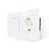 JIMEIDA Lichtschalter mit Schuko Steckdose Weiß, 1 Fach 1 Weg mit Glas Platte, Modernem Kristall Wippschalter Wandschalter, mit Leuchtstoffpunkten, 10 Amp, 250 V