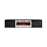 Homlando Hängend TV Schrank Roxy 183 cm – Lowboard - Moderner TV-Stand mit Stauraum für das Wohnzimmer – Sideboard – Elektrischer Kamin (Schwarz Matt/Schwarz Glänzend mit Weiß elektrischer Kamin)