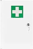 notlok Safety Work - Medizinschrank zum Aufhängen + 3 Ablagen | 2 Schlüssel | Größe 39x24x11 cm | Stahl Apothekerschrank für Erste Hilfe | Arzneischrank | DIN EN ISO 7010, DIN67510