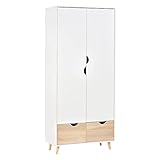 HOMCOM Kleiderschrank Garderobe Schrank mit Stange Schublade für Wohnzimmer Schlafzimmer Weiß+Natur 80 x 40 x 180 cm