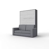 INVENTO Schrankbett mit Sofa - Blau - Aufklappbett mit dimmbare LED-Beleuchtung - 140 x 200 cm - Nachhaltige Materiellen - Klappbett für Gästezimmer - Wohnzimmer (Matt Grau/Monaco Eiche)