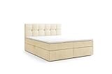 Labett Boxspringbett 160x200 - Polsterbett mit Bettkasten - Doppelbett mit Multipocket-Matratze H3 und Topper - Stauraumbett mit Zwei Kammern - Prilla - Casablanca Creme