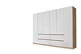 Rauch Möbel Mainz Schrank Kleiderschrank Drehtürenschrank Weiß / Eiche Artisan 6-türig mit 4 Schubladen inkl. Zubehörpaket Basic 4 Einlegeböden, 4 Kleiderstangen, grifflos BxHxT 271x210x54 cm