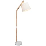 1 flammige Stehlampe - Stehleuchte mit dekorativem Stoffschirm & Fußschalter - Leuchte ist schwenkbar - Metall/Holz/Textil Braun/Weiß - 1,6m Höhe