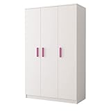 Polini Home Weißer 3-türiger Kleiderschrank 120 x 193 x 50 cm mit rosa Griffen für Ihr Schlaf- und Wohnzimmer Colour Serie