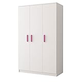 Polini Home Weißer 3-türiger Kleiderschrank 120 x 193 x 50 cm mit rosa Griffen für Ihr Schlaf- und Wohnzimmer Colour Serie