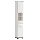 Lomadox Badezimmer Hochschrank Seitenschrank in weiß matt mit Eiche Nb. Landhaus-Stil, B/H/T ca. 30,3/180,9/32,6 cm