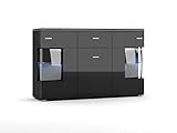 Domando Highboard Viareggio Modern für Wohnzimmer Breite 150cm, Vitrinenbereich über Eck, mit RGB LED Beleuchtung, Schwarz Matt und Schwarz Hochglanz