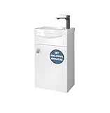 Planetmöbel Waschtischunterschrank 40 cm in Weiß mit Waschbecken & Armatur in Schwarz matt, Badezimmmer Möbel für Gäste WC
