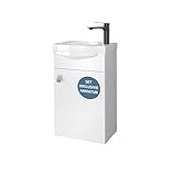 Planetmöbel Waschtischunterschrank 40 cm in Weiß mit Waschbecken & Armatur in Schwarz matt, Badezimmmer Möbel für Gäste WC