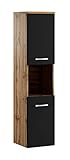 Badezimmer Schrank Montreal 131 cm Eiche mit mat Schwarz – Regel Schrank Hochschrank Schrank Möbel Badschrank