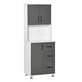 HOMCOM Küchenschrank Hochschrank mit 2 Türen Regal Mikrowellenregal Küchenbuffet mit unterem Aufbewahrungsschrank und 3 Schubladen Kommode Spanplatte Stahl Grau+Weiß 60 x 40 x 160 cm