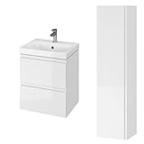 KOLMAN Badezimmer Badmöbel Set Moduo Weiß 50cm Waschtischunterschrank Keramik & Hochhängeschrank 160cm mit 2-Türen und Spiegel