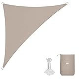 Sekey Sonnensegel Wasserdicht 5x5x7m Dreieckig PES Polyester, Sonnenschutz 95% UV Schutz Windschutz Reißfest Wetterfest, für Balkon Garten, mit Ösen und Befestigungsseile, Taupe