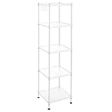 SONGMICS Badezimmerregal, Standregal, Metallregal, bis 100 kg belastbar, mit 5 PP-Platten, abnehmbare Haken, 30 x 30 x 123,5 cm, erweiterbar, für kleine Räume, weiß-transparent LGR023W01