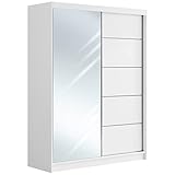 MKS MEBLE Kleiderschrank mit Spiegel 160 cm - Schwebetürenschrank Flurschrank Wardrobe - Schlafzimmerschrank Sammlung Mazedonien - Weiß und Weiß - Modern Design