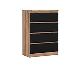 Komodenschrank mit 4 Schubladen, Farbe: WOTAN EICHE/SCHWARZ, A: 70 x 101 x 39 cm , Schubladenkommode, Kommode mit Schubladen, Sideboard Wohnzimmer, Schlafzimmer Kommode, Kommode Schwarz, Highboard