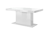 Furniture24 Tisch HEKTOR/Quartz, Esstisch, Saülentisch, Esszimmertisch, Ausziebar 165-210 - 255 cm (Weiß/Weiß Hochglanz/Weiß Glas)