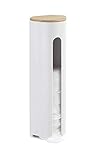 WENKO Wattepadhalter Laresa, Wattepad-Aufbewahrung mit Deckel aus nachhaltigem Bambus, Kosmetikpad-Spender aus hochwertigem Kunststoff zum Ankleben oder Schrauben, 8 x 25 x 6,5 cm, Weiß/Natur