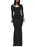 ORANDESIGNE Damen Langarm Langes Kleid Einfarbig Figurbetont Fischschwanzkleid Sexy Bodycon Maxikleider Party Abend Club Night Out Kleid A Schwarz M