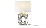 KHG Tischlampe weiß-chrom | Fassung: E27 | 21,0cm x 53,5cm Tischleuchte Stoffschirm oval Glamour Tischleuchte | Lampenschirm aus Stoff - Gestell aus Keramik