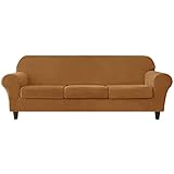 CXYKN Samt-Plüsch-Stretch-Sofa-Schonbezug, weicher, Rutschfester Sofabezug, elastische Unterseite für 3 Kissen, Couch-Sofa-Schonbezüge für Wohnzimmer, groß, Braun, 4 Stück