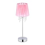 Relaxdays Tischlampe Kristall Lampenschirm aus Organza runder Standfuß Nachttischlampe HxD 41 x 14 5 cm rosa/silber 10038882