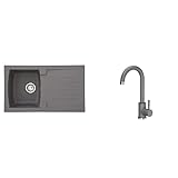respekta Mineralite Spüle Küchenspüle Spülbecken Einbauspüle Boston 86 x 50 betongrau & VBChome GRAU Spültischarmatur Edelstahl 360°drehbar U- Form Küche Wasserhahn Küchenarmatur Einhebel
