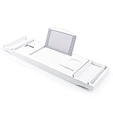 ZQXJBM Bambus Badewannenablage Ausziehbar Wannenbrücke mit Buchstütze, Badewannenbrett mit Weinglas Halter, 75-109 x 4.5 x 23cm (B x H x T)