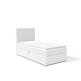 FEDVE Boxspringbett 100x200 cm Weiß Öko-Leder - Kolorado – Dauerhaft Bett mit Bettkasten Links – Praktisches Einzelbett für Viele Jahr – Kopfteil Bett mit Stauraum zum Schlafzimmer