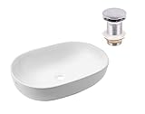 VBChome Waschbecken 60 x 41 cm Keramik Weiß Oval Pop-up ventil Click-Clack Waschtisch Handwaschbecken Aufsatzwaschbecken Waschschale Gäste WC