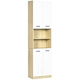 kleankin Badezimmerschrank mit 2 Schränken und 2 Regalen, Küchenschrank, Hochschrank mit Soft-Close-Funktion, Badschrank, Mehrzweckschrank, Weiß+Natur, 53 x 33,5 x 195,7 cm