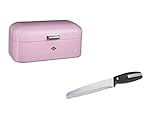 WESCO Set aus 1x Grandy Brotkasten in der Farbe Rosa aus hochwertigem Stahlblech pulverbeschichtet und 1x Brotmesser mit Edelstahlklinge im Wellenschliff