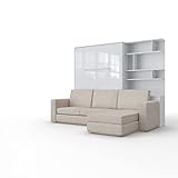 INVENTO Aufklappbett mit Ecksofa - Beige - Wandschrankbett mit dimmbare LED-Beleuchtung - 140 x 200 cm - Nachhaltige Materiellen - Klappbett für Gästezimmer - Wohnzimmer (Weiß/Weiß Glanz)