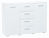 MATKAM Kommode Helena B120 x H84,5 x T35 cm, Sideboard mit 4 Schubladen und 2 Fächer mit Türen, ideal für Büro, Diele, Wohnzimmer, Jugend- oder Kinderzimmer (Weiß)