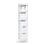 Meerveil Badschrank Hochschrank, Badezimmerschrank Schmal mit 2 Schubladen und 3 offenen Regal, 30 x30 x144 cm Weiß Lack Badmöbel aus MDF, für Badezimmer Küche Wohnzimmer, H1071BC07WT