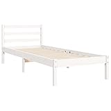 Tidyard Massivholzbett mit Kopfteil Bettgestell Bett Holzbett Bettrahmen Lattenrost Schlafzimmerbett Schlafzimmermöbel Seniorenbett Jugendbett Designerbett 90 x 200 cm (B x L) Kiefernholz Weiß