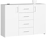 AKORD Kommode K45 mit 4 Schubladen und 2 Ablagefächern mit Türen | für das Wohnzimmer Schlafzimmer Schrank Büro Arbeitszimmer | Modernes Funktionales Design | B110 x H80 x T35 cm, Gewicht 43kg | Weiß