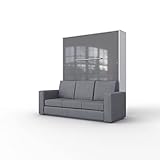 INVENTO Schrankbett mit Sofa- Blau - Aufklappbett mit dimmbare LED-Beleuchtung - 160 x 200 cm - Nachhaltige Materiellen - Klappbett für Gästezimmer - Wohnzimmer (Weiß/Grau Glanz)