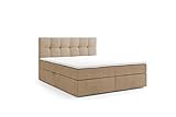 Labett Boxspringbett 140x200 - Polsterbett mit Bettkasten - Doppelbett mit Multipocket-Matratze H4 und Topper - Stauraumbett mit Zwei Kammern - Prilla - Casablanca Hellbraun