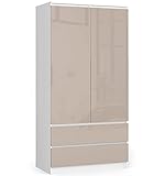 AKORD | Zweitüriger Kleiderschrank S 90 cm | 2 Schubladen mit Regalen und Einer Kleiderstange für EIN Schlafzimmer | Kleiderschränke Stil Laminierte Platte 16 mm | weiß-Cappuccino glänzend