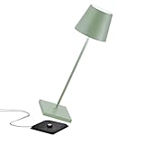 [Amazon Exclusive] Zafferano Poldina Pro Kabellose LED-Tischlampe Wiederaufladbar Touch-Dimmer - IP65 Innen/Außeneinsatz, Aluminium H38cm mit Mehrfach-USB-Ladegerät (EU/UK/US), Salbeigrün