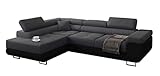 Ecksofa Miami mit Schlaffunktion, Eckcouch mit Bettkasten, L Form Couch, Ecksofa mit Bettkasten, Sofagarnitur mit Schalffunktion, Ottomane Links (Dunkelgrau + Schwarzer Kunstleder -EKO)