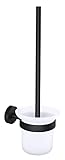 tesa MOON BLACK WC-Garnitur, Set mit Halter & WC-Bürste, matt schwarz, satiniertes Glas - für Bäder im Industrial Style - bohrfrei, inklusiv Klebelösung - 379 mm x 112 mm x 145 mm