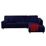 FIGOOO Sofabezug Ecksofa L Form Links Rechts Stretch Sofa Überwürfe 2er mit 2 Stück Kissenbezug Abnehmbarer Universal Elastische Couchbezug Sofahusse L Shaped,Marineblau