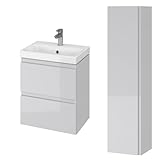 KOLMAN Badezimmer Badmöbel Set Moduo Slim Grau 50cm Waschtischunterschrank Keramik & Hochhängeschrank 160cm mit 2-Türen und Spiegel