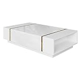 lukmebel Onyx Couchtisch Hoch Mit Hochglanz-Finish Unterthekenaufbewahrung Golden Elements Push-Open-Öffnungssystem Laminatplatte 104x60x365 Weiß